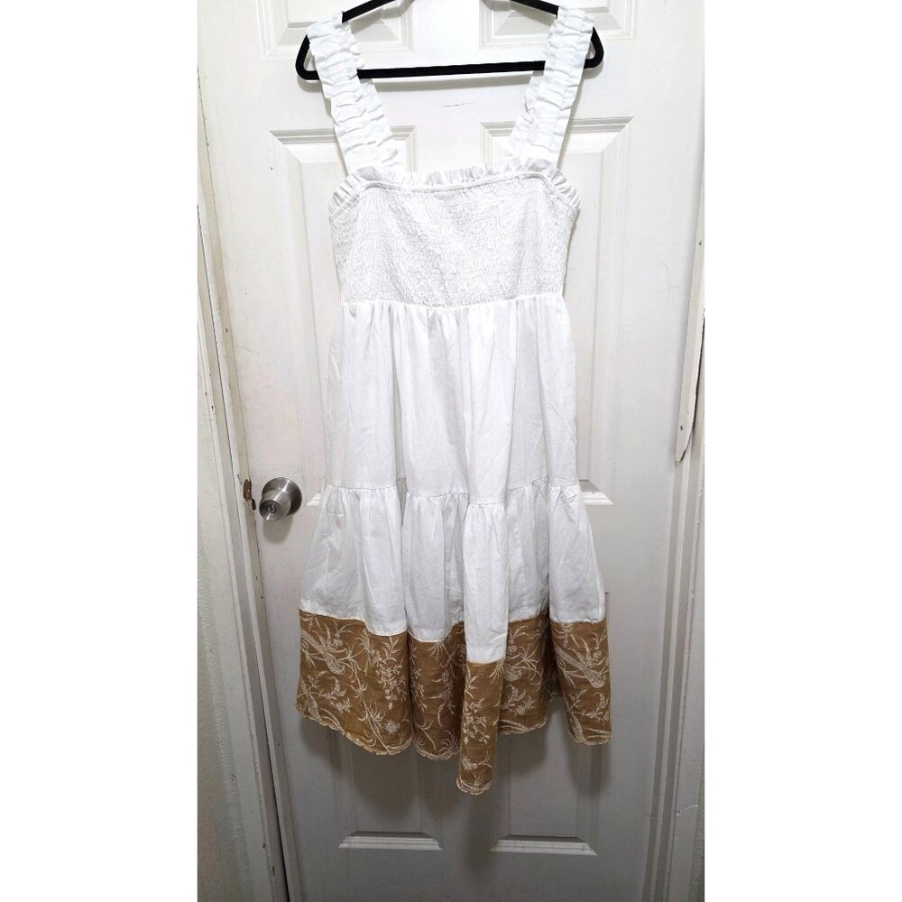 Abercrombie & Fitch White & Gold Embroidered Tiered Dress Ruffled Straps Smocked